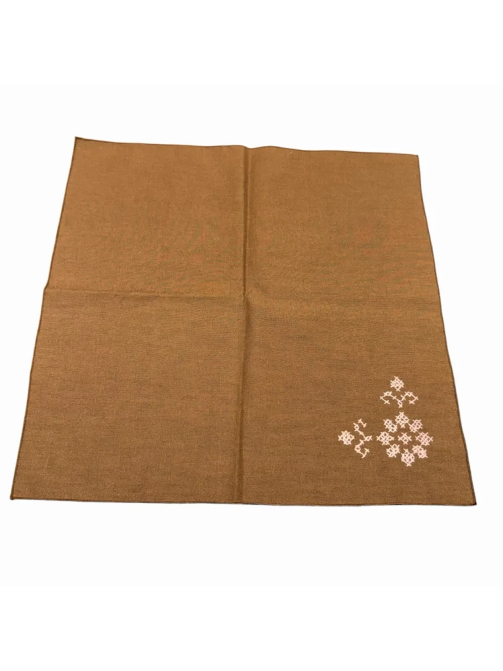 Vintage Set of 3 Brown Linen Embroidered Napkins Pink Cross Stitch Floral Table